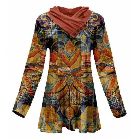 Lily by Firmiana Women's Shawl Neck Tunic with 4-Button Placket and Long Sleeves Orange and Blue Lotus Print