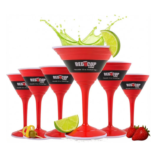 Reusable Red Plastic Cocktail Glasses with Stem, 12oz, Unique Drinking Glasses for Parties, Durable Champagne Flutes, Sturdy Stem Glass for Wine, Elegantes Copas De Vino, Pack of 6