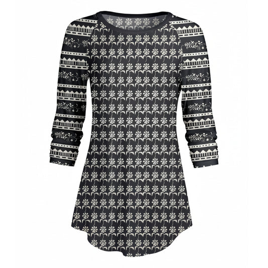 Lily by Firmiana Women’s ¾ Sleeve Scoop Neck Tunic Top Gray Fair Isle Sweater Print