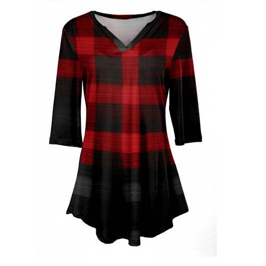 Lily by Firmiana Women's 3/4 Sleeve Notch Neck Tunic Red and Black Plaid
