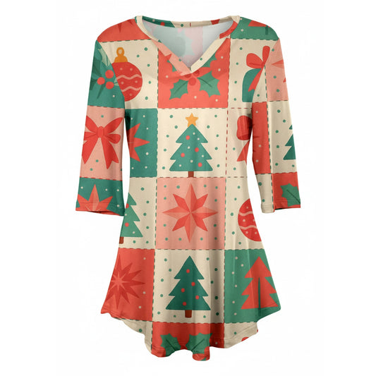 Lily by Firmiana Women's 3/4 Sleeve Notch Neck Tunic Red & Green Christmas Patchwork Print