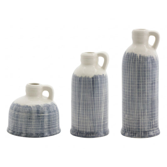 Melrose International Terra Cotta Jug Vase with Navy Criss Cross Pattern (Set of 3)