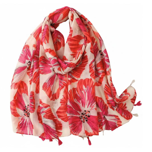 Vibrant Floral Print Scarf with Tassels