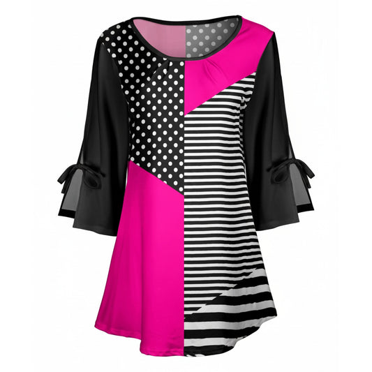 Lily by Firmiana Women's Round Neck Tunic with Split Hem ¾ Sleeves and Tie Detail Hot Pink & Black Stripe Colorblock