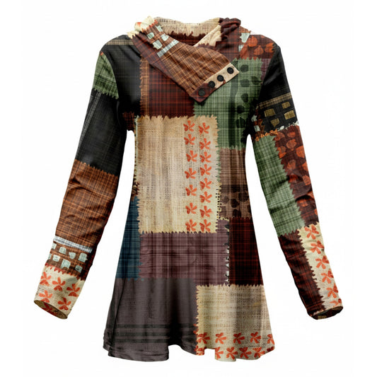 Lily by Firmiana Women's Shawl Neck Tunic with 4-Button Placket and Long Sleeves Brown and Multicolored Fall Patchwork
