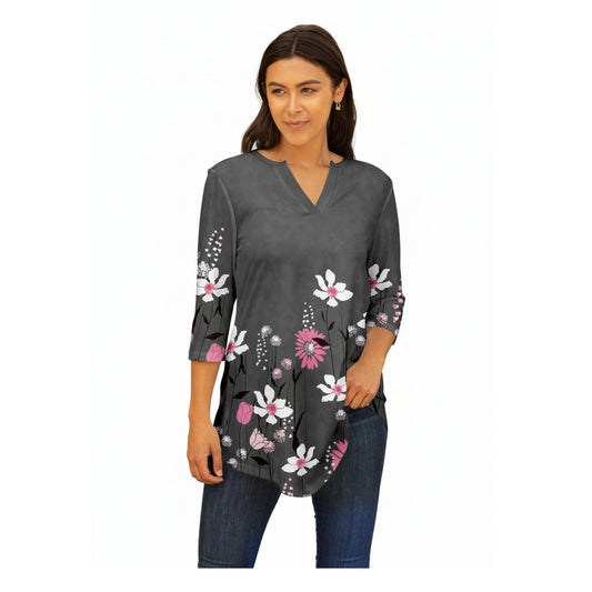 Lily by Firmiana Women's 3/4 Sleeve Notch Neck Tunic Grey and Pink Floral