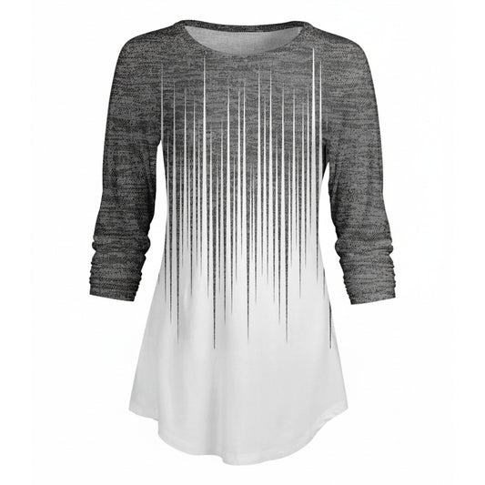 Lily by Firmiana Women’s ¾ Sleeve Scoop Neck Tunic Top Grey and White Linear