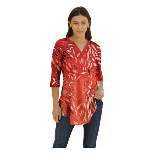 Lily by Firmiana Women's 3/4 Sleeve Notch Neck Tunic Light Red and Dark Red Leaf Print