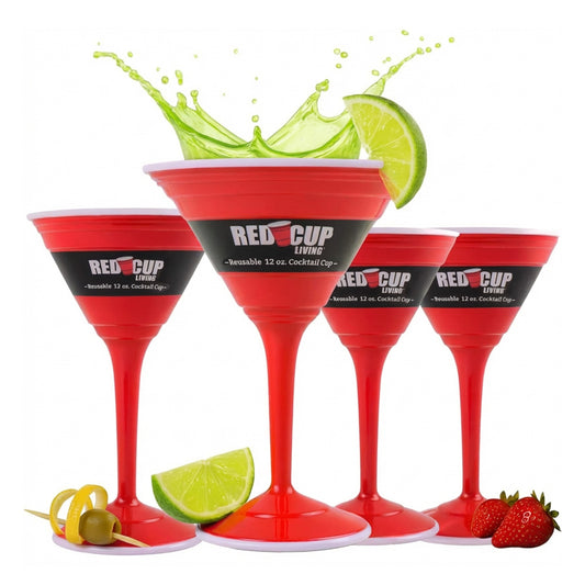 Reusable Red Plastic Cocktail Glasses with Stem, 12oz, Unique Drinking Glasses for Parties, Durable Champagne Flutes, Sturdy Stem Glass for Wine, Elegantes Copas De Vino, Pack of 4
