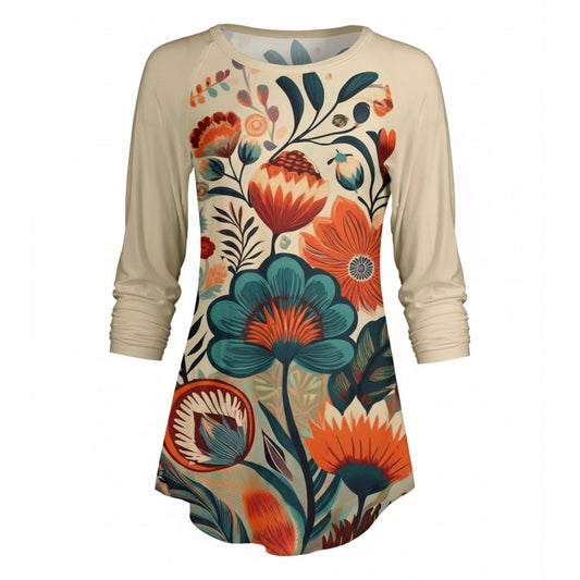 Lily by Firmiana Women’s ¾ Sleeve Scoop Neck Tunic Top Beige & Orange Floral