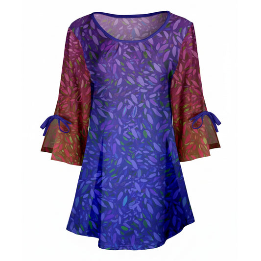 Lily by Firmiana Women's Round Neck Tunic with Split Hem ¾ Sleeves and Tie Detail Purple & Blue Abstract Floral