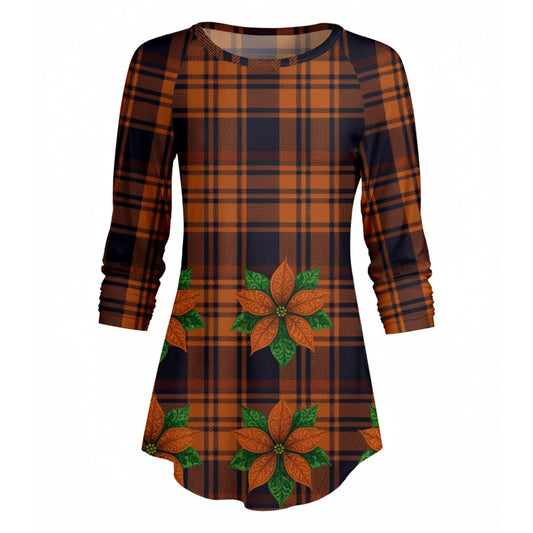 Lily by Firmiana Women’s ¾ Sleeve Scoop Neck Tunic Top Rust Plaid Floral Border