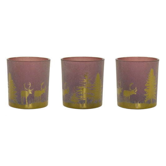 Melrose International Glass Tea Light Holder with Woodland Scene (Set of 3)