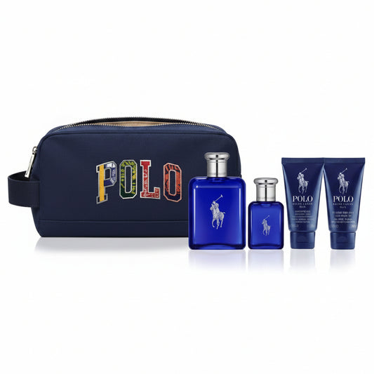 Polo Blue 5 Pcs Set For Men: 4.2 Eau De Toilette Spray + 1.36 Eau De Toilette Spray + 1.7 Hair & Body Wash + 1.7 After Shave Gel + Travel Pouch