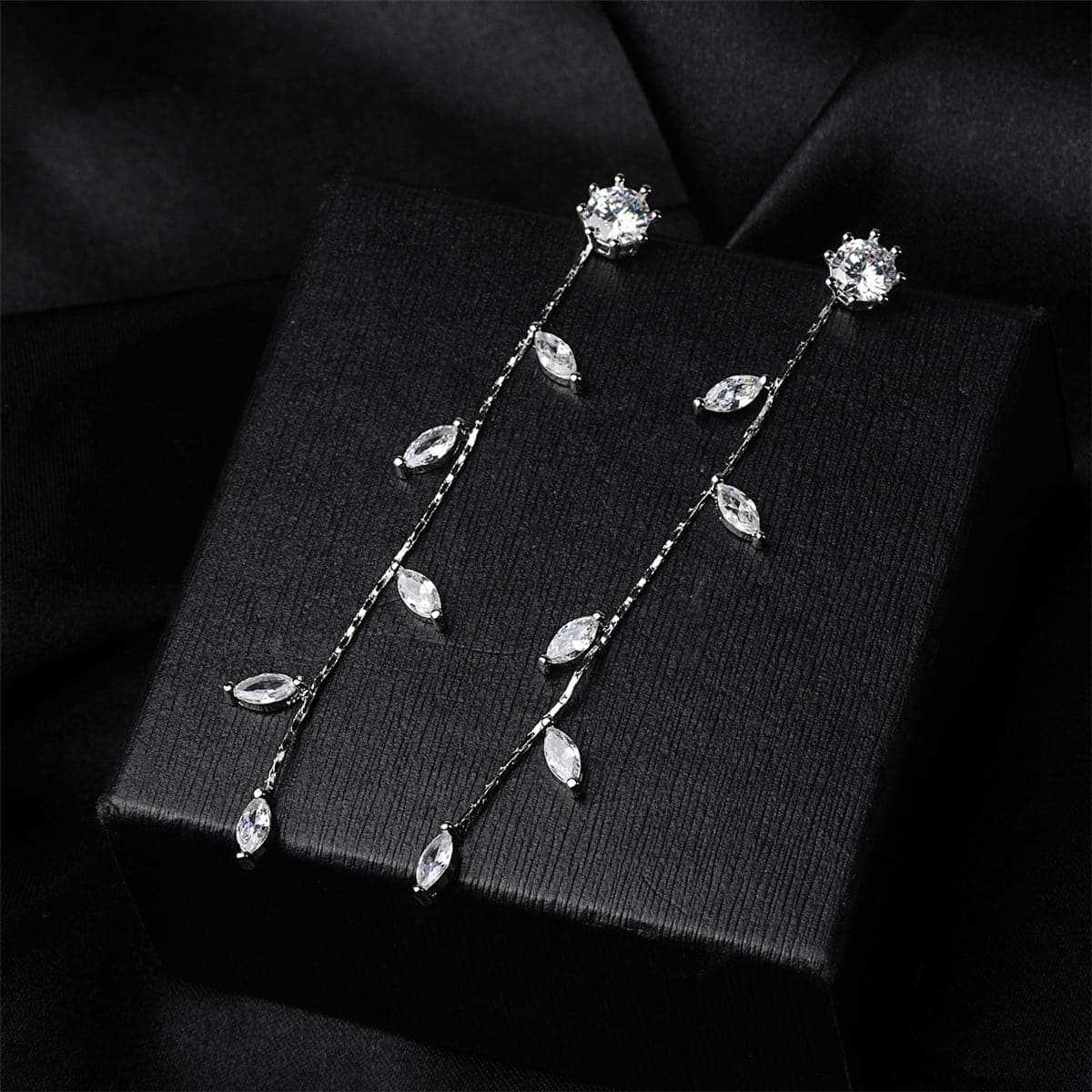 Cubic Zirconia & Silvertone Leaf Chain Drop Earrings