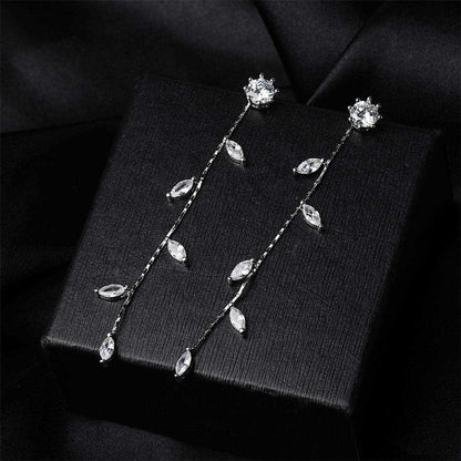 Cubic Zirconia & Silvertone Leaf Chain Drop Earrings