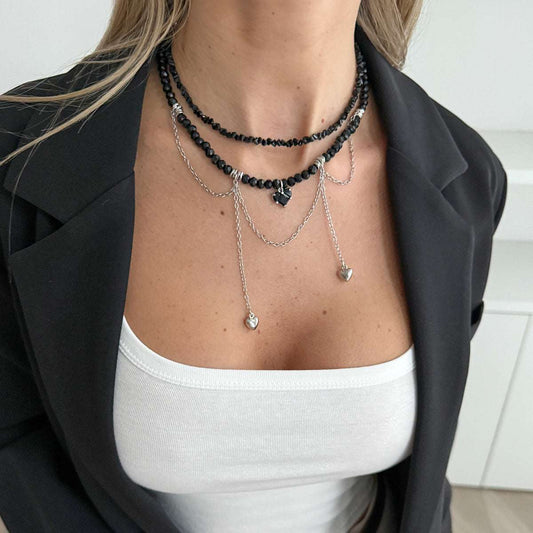 Black Crystal & Acrylic Silvertone Heart Pendant Tassel Necklace Set