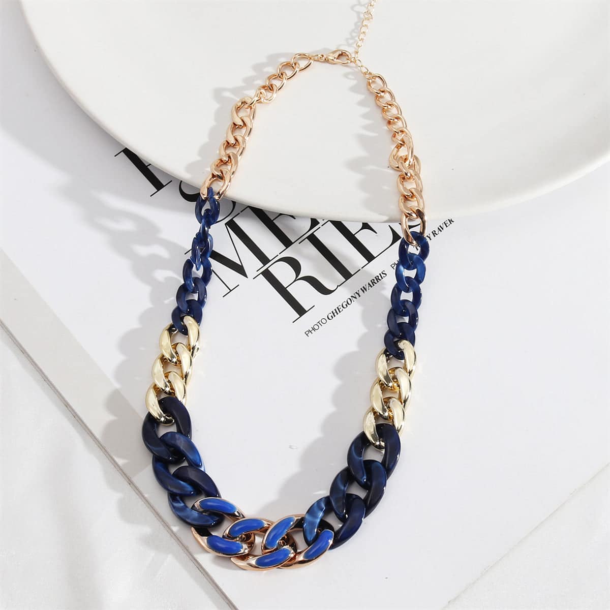 Dark Blue Resin & Enamel Goldtone Chunky Curb Chain