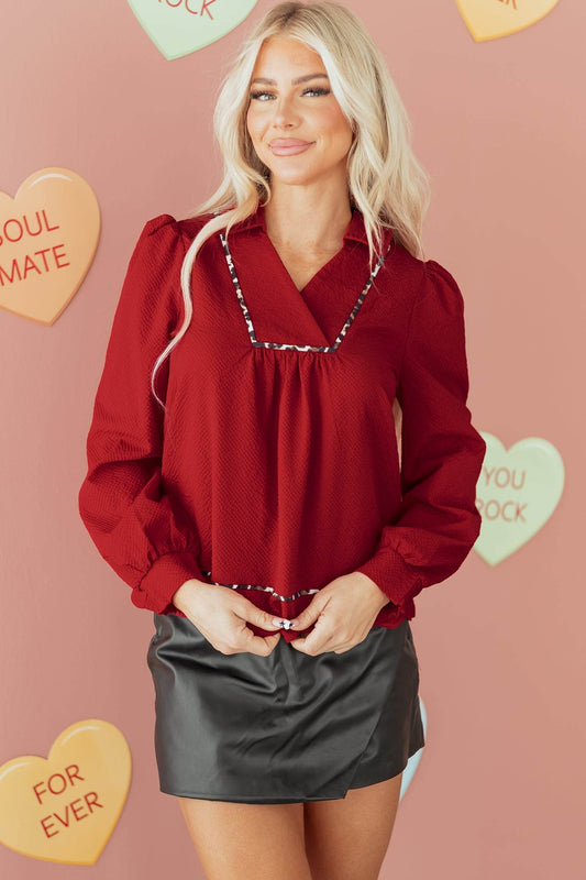Threaded Pear Alma Contrasted Trim Textured Blouse