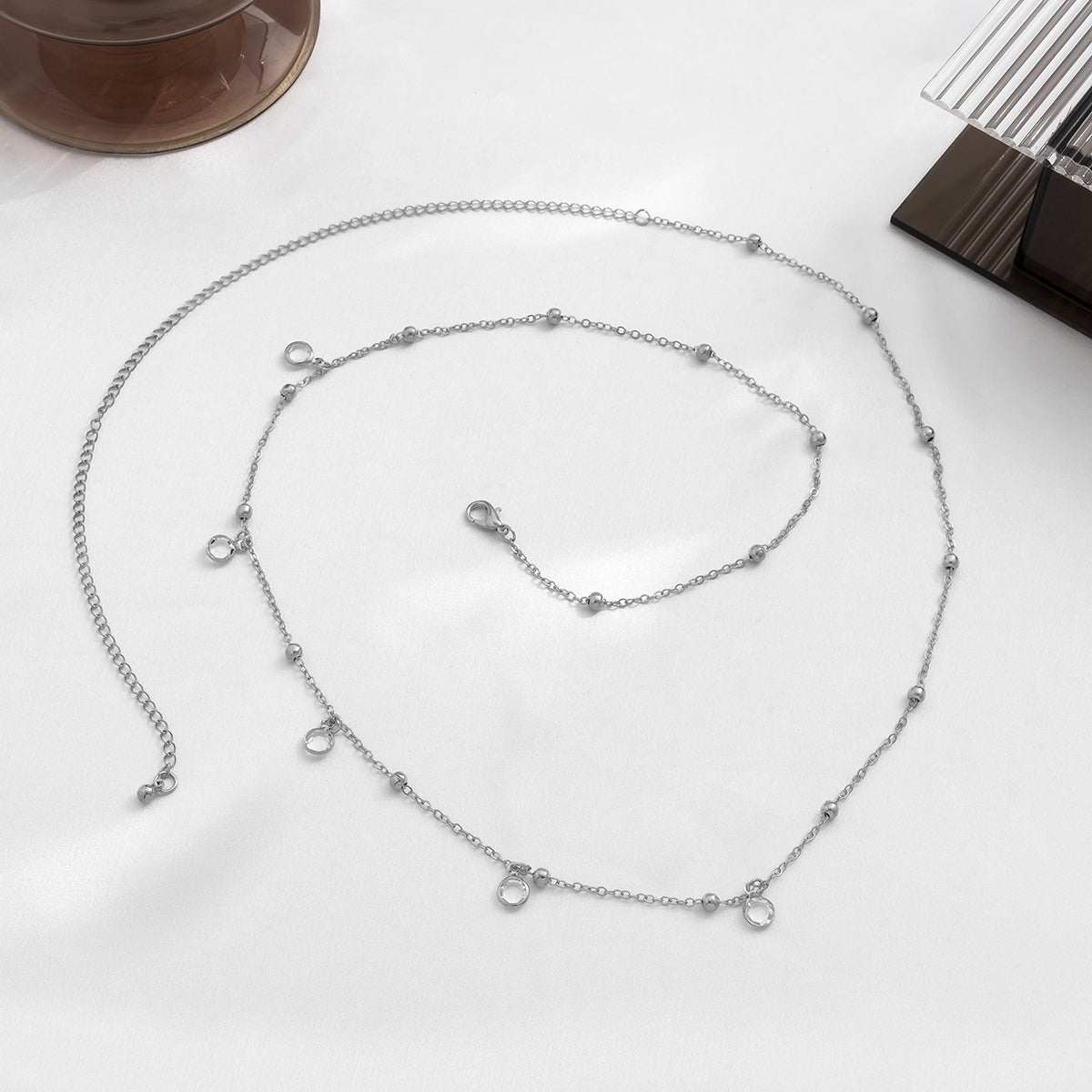 Cubic Zirconia & Silvertone Bead Waist Chain