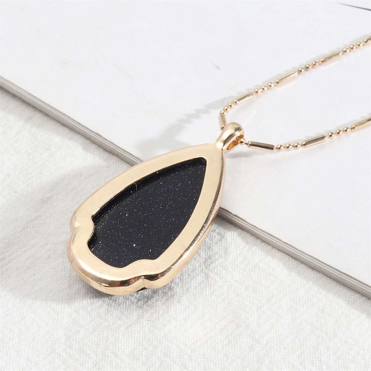 Black Quartz & Goldtone Drop Pendant Necklace