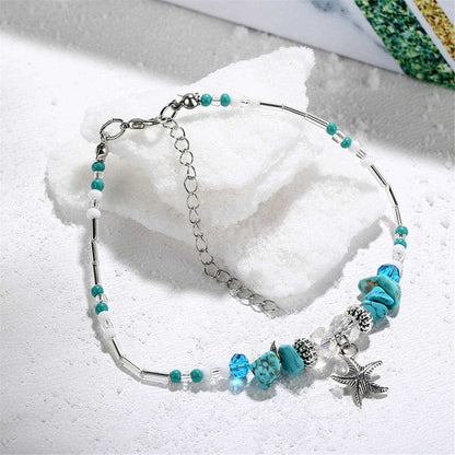 Turquoise & Acrylic Silvertone Beaded Starfish Charm Anklet