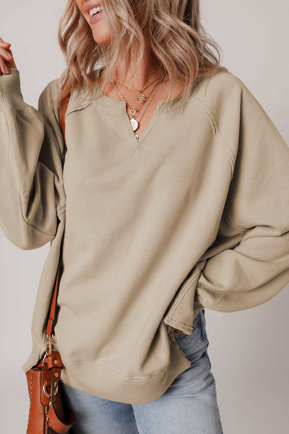 Ashley Sleeve Side Slit Sweatshirt - Parchment / L - 12/14