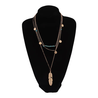 Turquoise & Goldtone Feather Layered Pendant Necklace