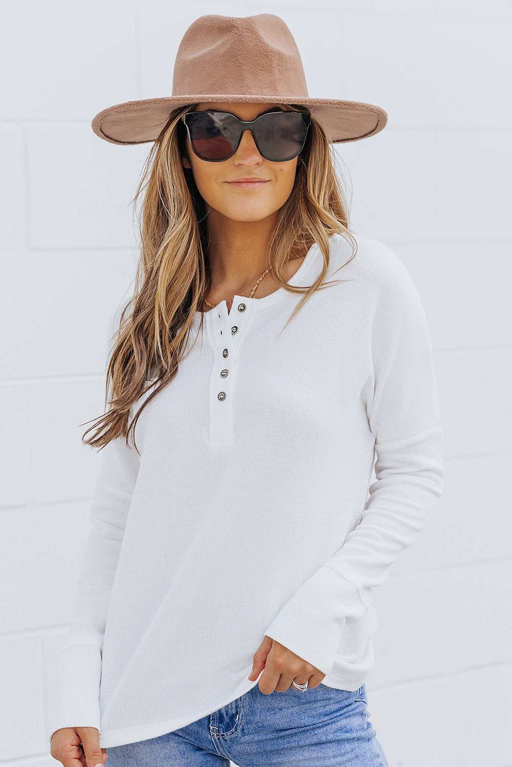 Harper Waffle Knit Henley Top - White / 2XL - 20/22