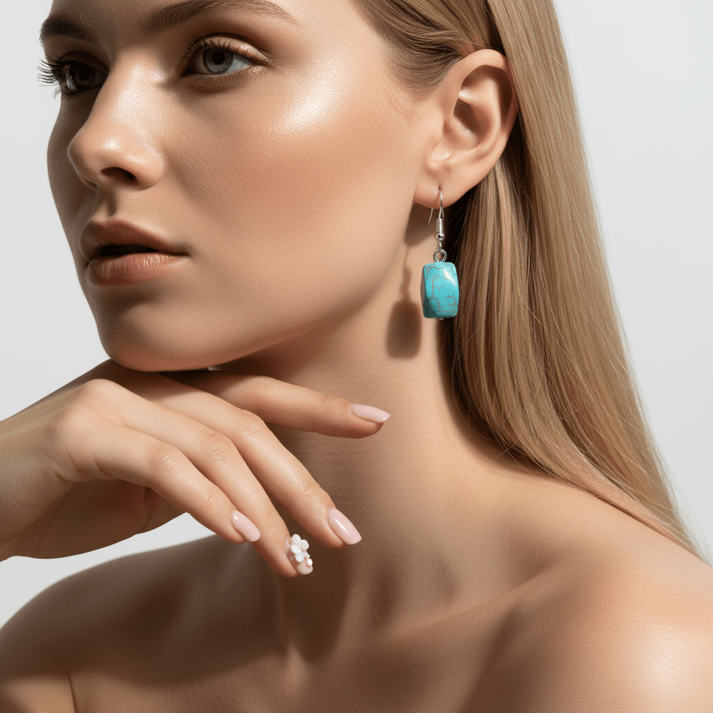 Turqouise & Silvertone Diomand-Cut Cuboid Hook Earrings