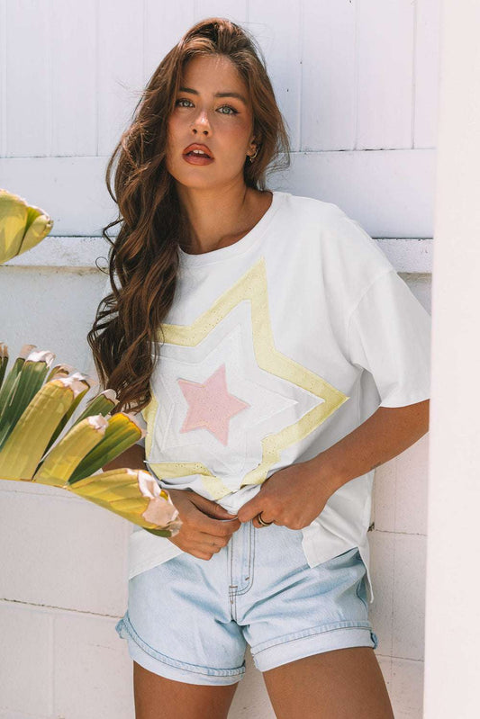 Threaded Pear Lisa Layered Star Patched Half Sleeve Loose Top