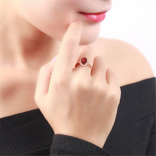 Red Crystal & Cubic Zirconia Rose Goldtone Halo Oval Ring