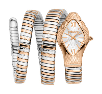 Just CAVALLI Womens's Snake Watch, Rose Gold Color Case, Silver Dial, Two Tone Silver & Rose Gold Stainless Steel Bracelet Jc1l307m0065