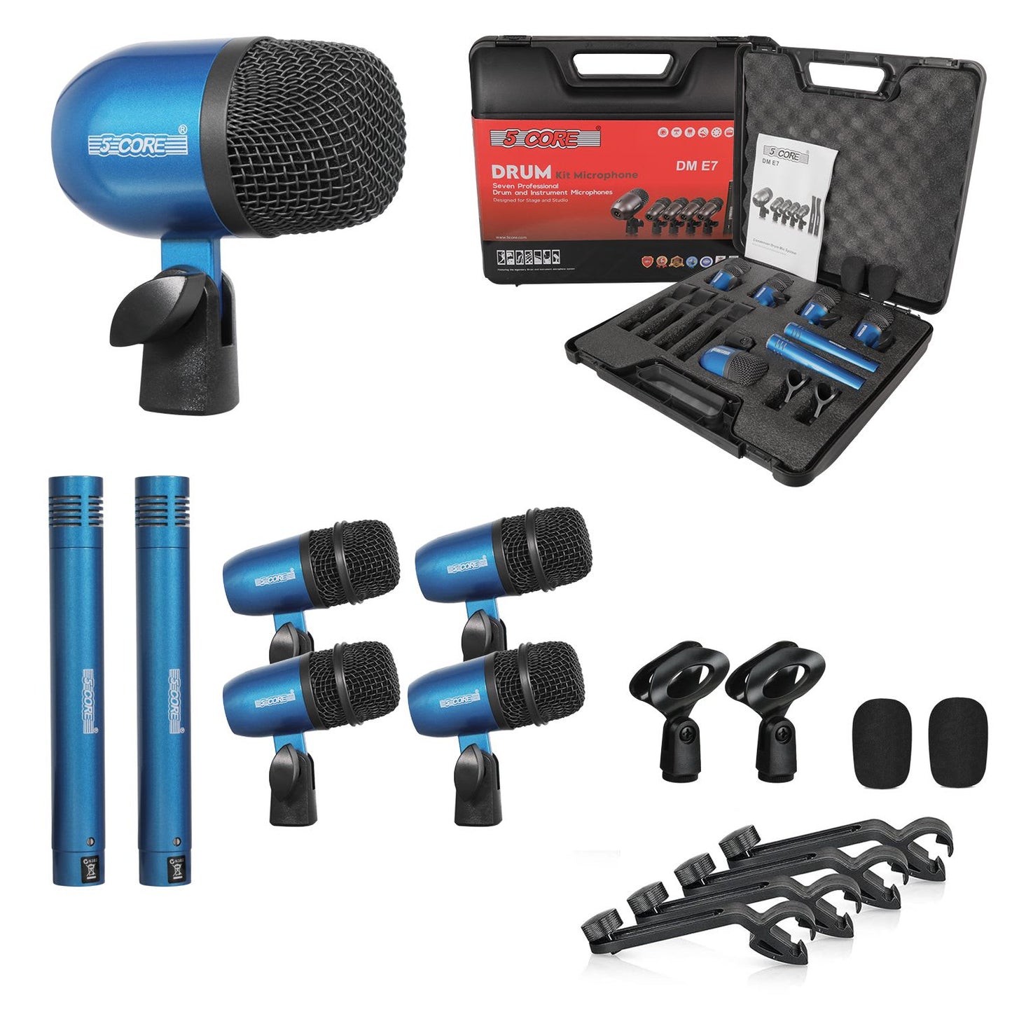 5 Core Drum Microphone Kit 7Pc All Metal Drummer Mics Tom/Snare & Cymbals Wired Instrument Drums Set - Blue