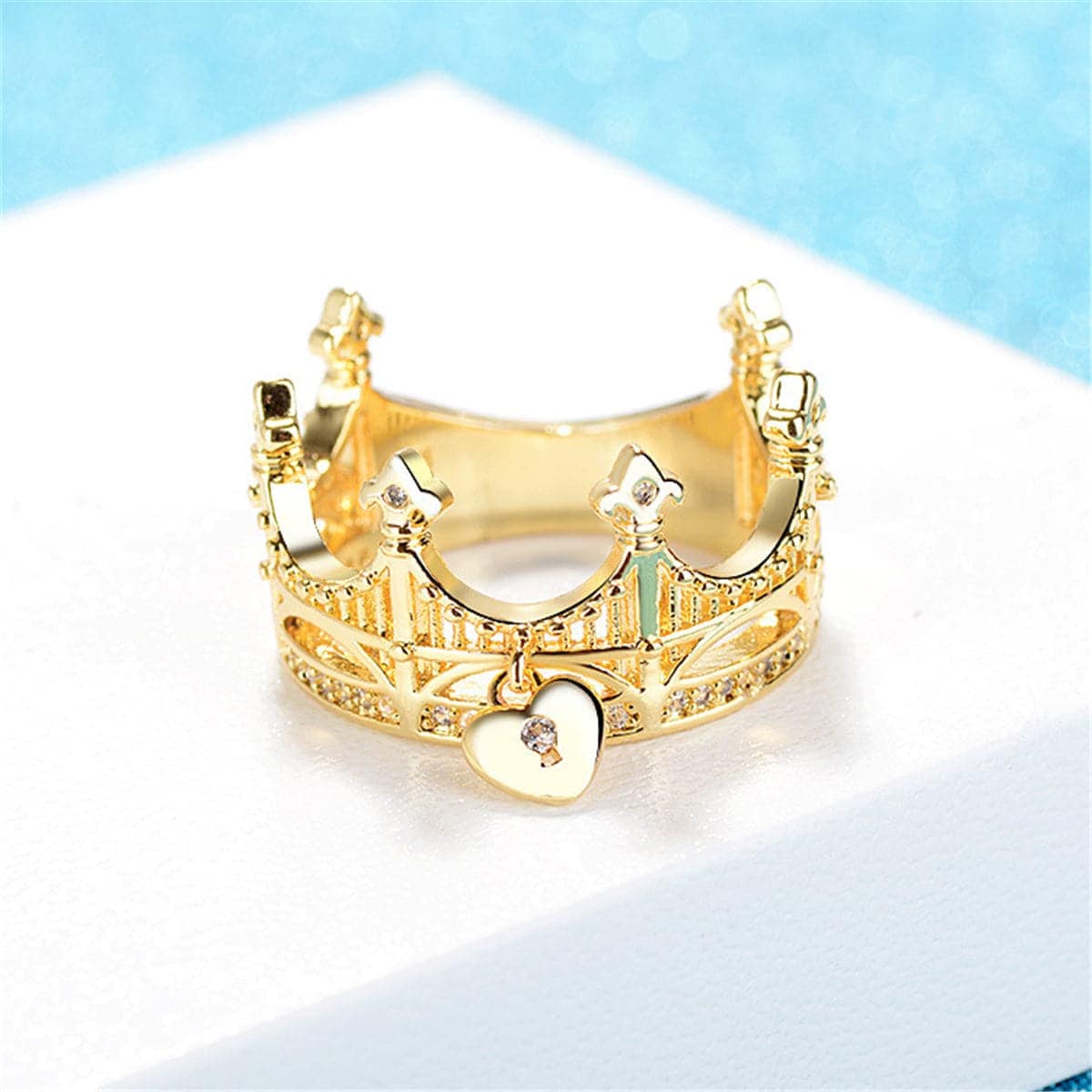 Cubic Zirconia & Goldtone Heart Charm Crown Ring