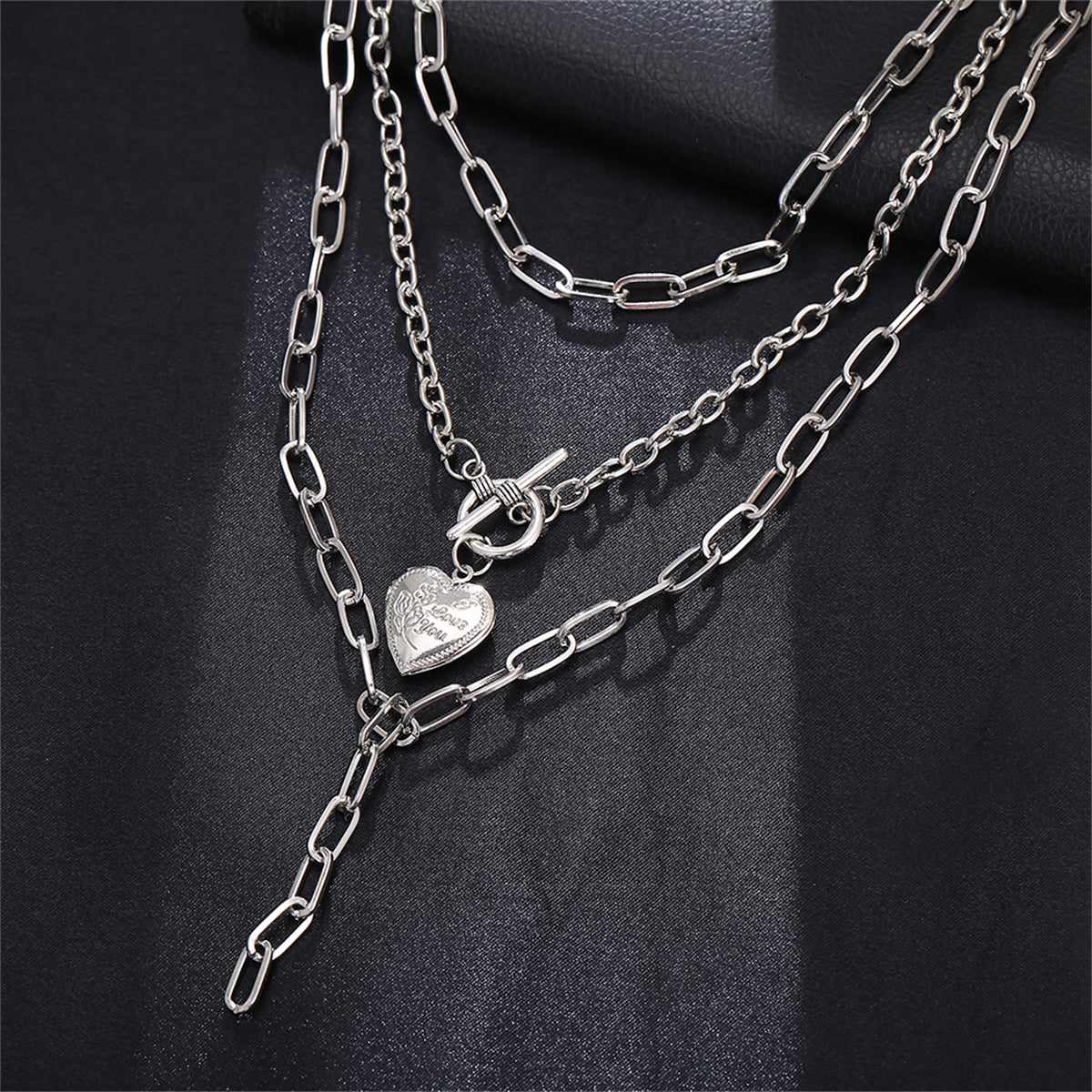 Silvertone Heart Toggle Layered Lariat Necklace