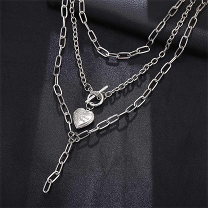 Silvertone Heart Toggle Layered Lariat Necklace
