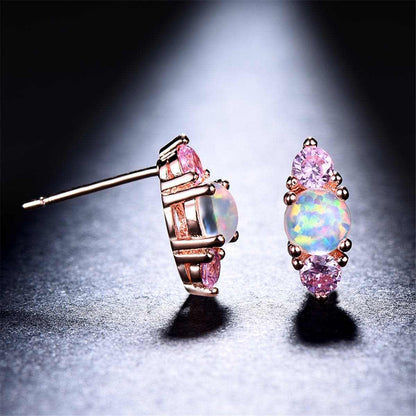 Opal & Pink Cubic Zirconia Stacked Round-Cut Stud Earrings