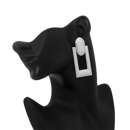 Silvertone Studded Open Rectangle Drop Earrings