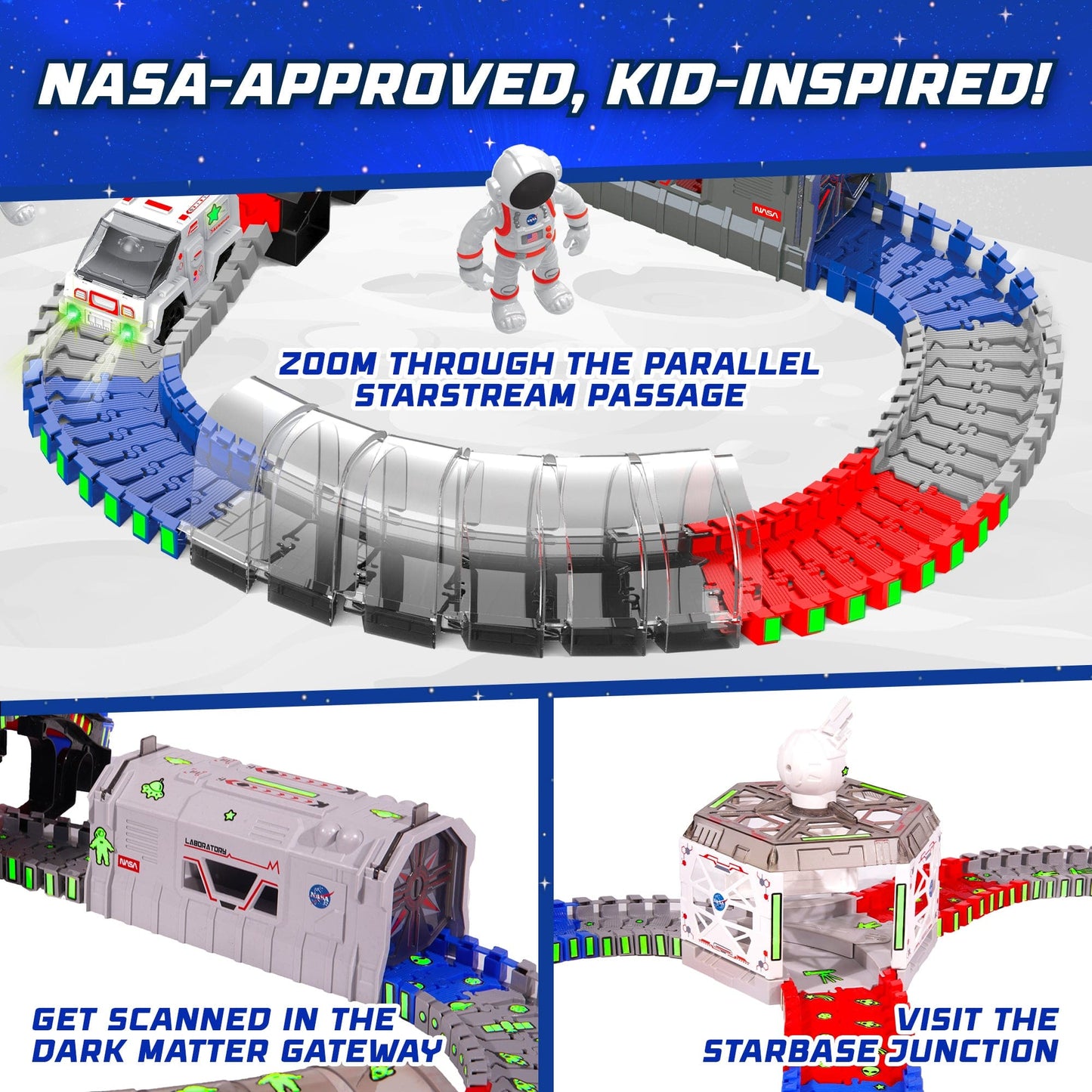 Blue, gray and red tracks, black and gray space toys(cars, tunnel, rocket)-
