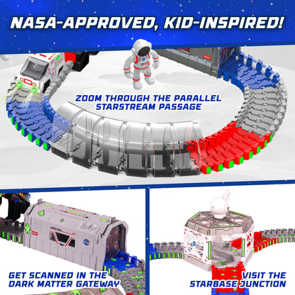 Blue, gray and red tracks, black and gray space toys(cars, tunnel, rocket)-