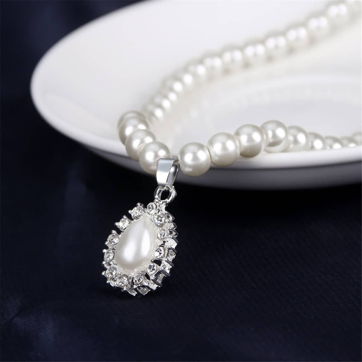 Pearl & Cubic Zirconia Teardrop Pendant Necklace Set