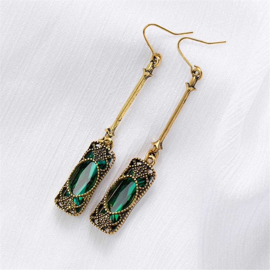 Green Crystal & Goldtone Textured Drop Earrings