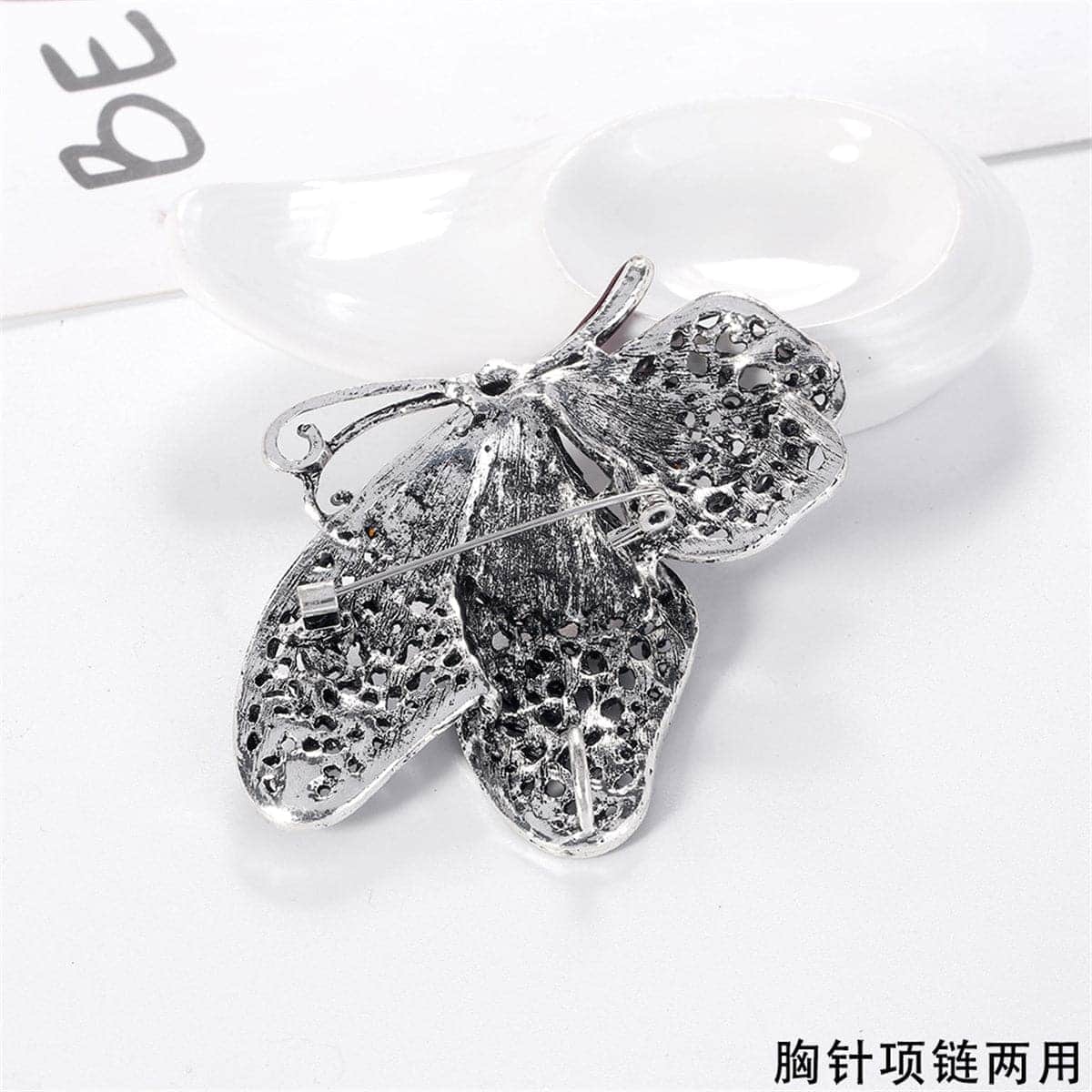 Red Cubic Zirconia & Silvertone Butterfly Brooch