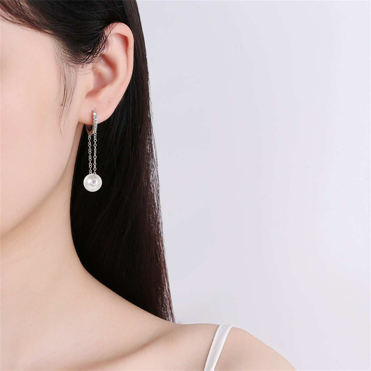 Cubic Zirconia & Pearl Silvertone Chain Drop Huggie Earrings