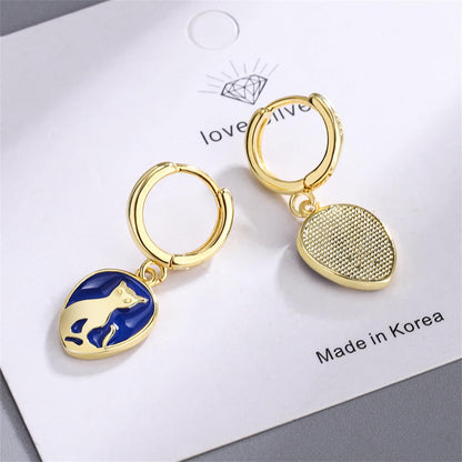 Blue Enamel & Goldtone Cat Drop Earrings