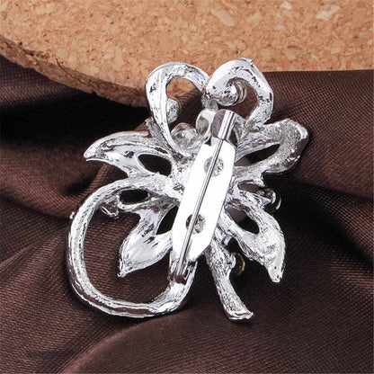Pearl & Cubic Zirconia Silvertone Flower Filigree Brooch
