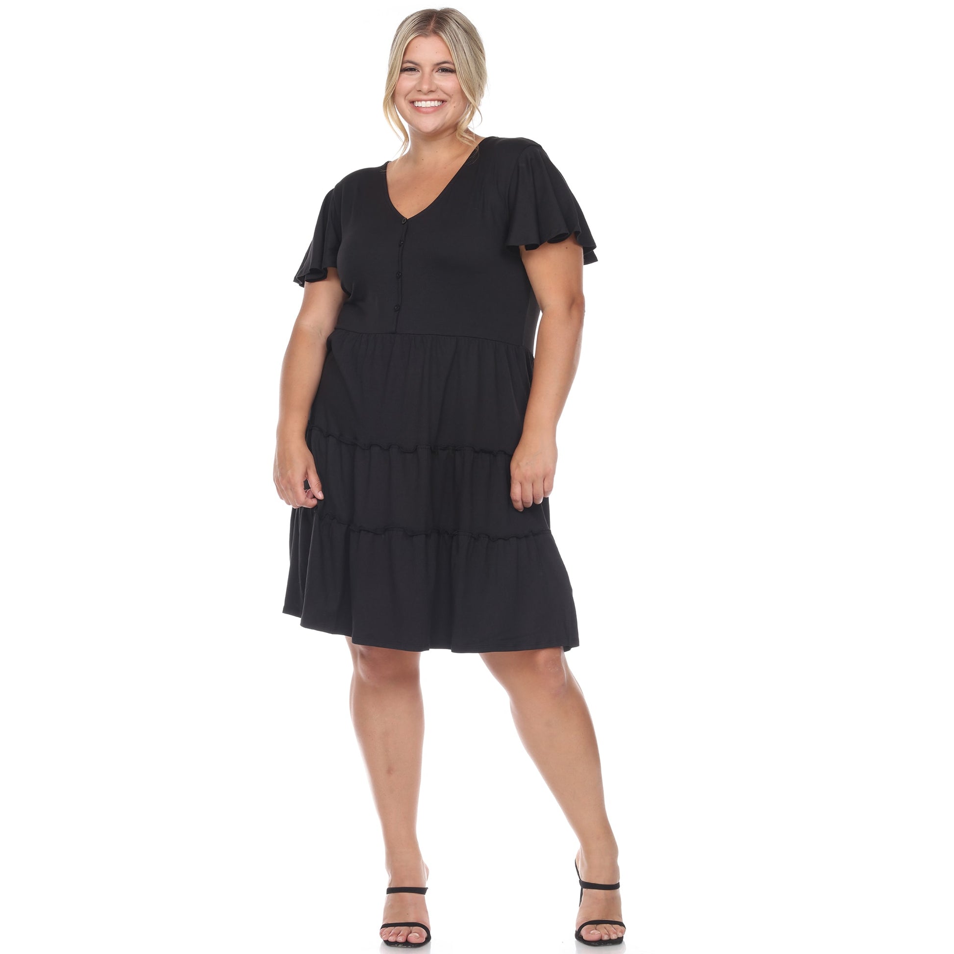 White Mark Plus Size Short Sleeve V-neck Tiered Midi Dress - Black