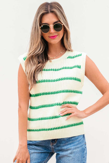 Ivey Striped Round Neck Casual Sweater Vest - Bright Green / S