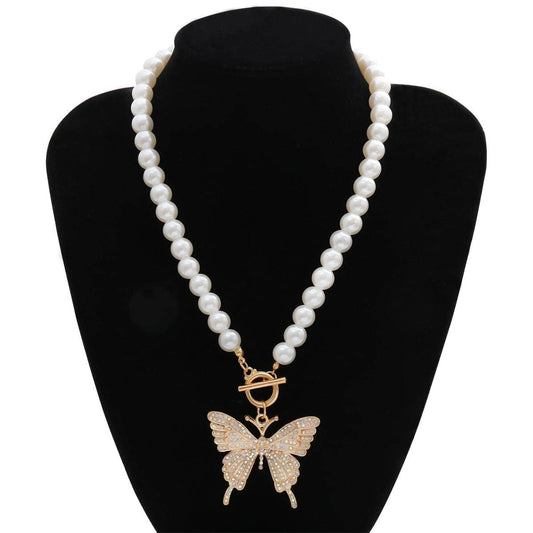 Cubic Zirconia & Pearl Goldtone Butterfly Pendant Necklace
